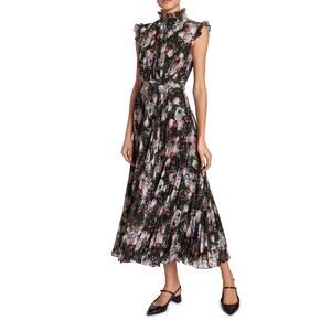 Erdem Roisin Floral Pleated Sleeveless Midi Dress Black Multi